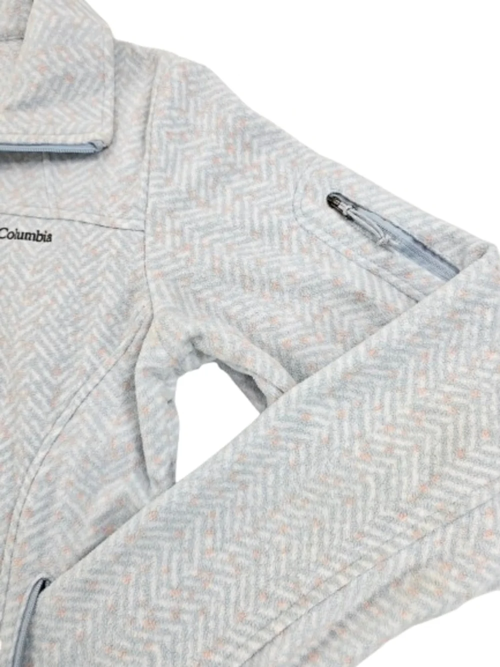 Columbia Fleece Chevron‎ Jacket Full Zip Women's Med White Gray Pink Polka Dots